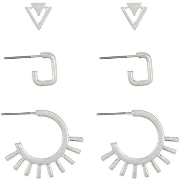 NEW Nordstrom Area Stars Geometric Earrings Set of 3 Silver Brass 14k Plate - Picture 1 of 5